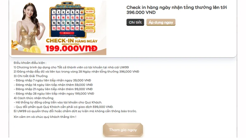 Check in nhận thưởng uw99 Check in nhận thưởng uw99